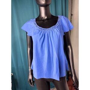 Banana Republic Women's Silk Top Blue Braided Neckline Cap Sleeve Blouse M